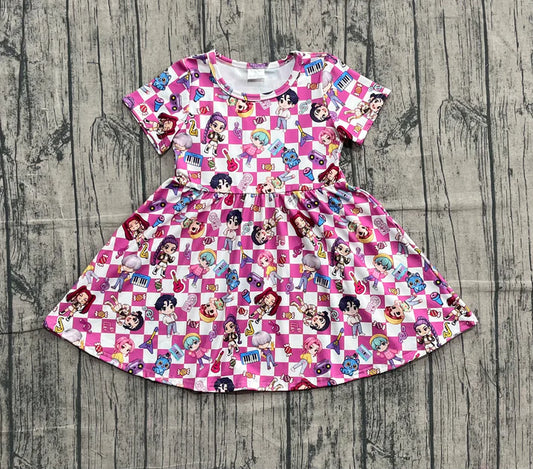 Baby Girls Short Sleeve Pink Checked Cartoon Girls Knee Length Dresses Preorder 10.25