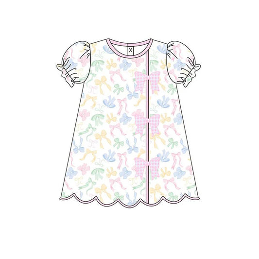 Baby Girls Colorful Bows Button Ruffle Knee Length Dresses Preorder 11.20