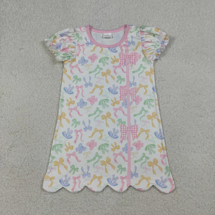 Sibling Baby Girls Short Ruffle Sleeve Colorful Bows Scallop Knee Length Dress Rompers