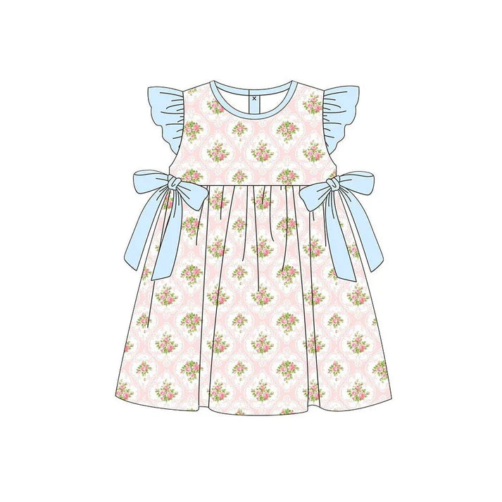 Baby Girls Pink Flowers Checked Bows Knee Length Dresses Preorder 11.20