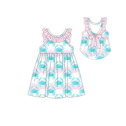 Baby Girls Stripe Crabs Back Bows Ruffle Collar Knee Length Dresses Preorder 11.20