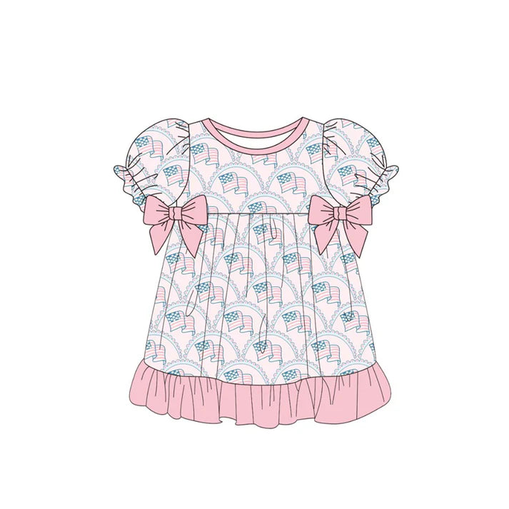 Baby Girls Flags Bows 4th of July Ruffle Knee Length Dresses Preorder 11.20