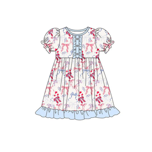 Baby Girls Stars Bows 4th of July Button Ruffle Knee Length Dresses Preorder 11.20