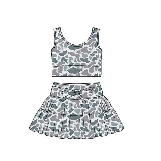 Baby Girls Southern Light Grey Camo Vest Ruffle Skirt Shorts Yoga Clothes Sets Preorder 11.29