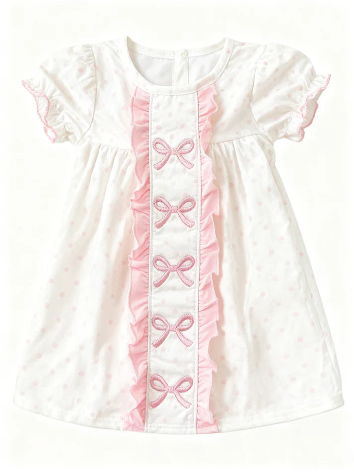 Baby Girls Pink Polka Dots Bows Ruffle Knee Length Dresses Preorder 11.29