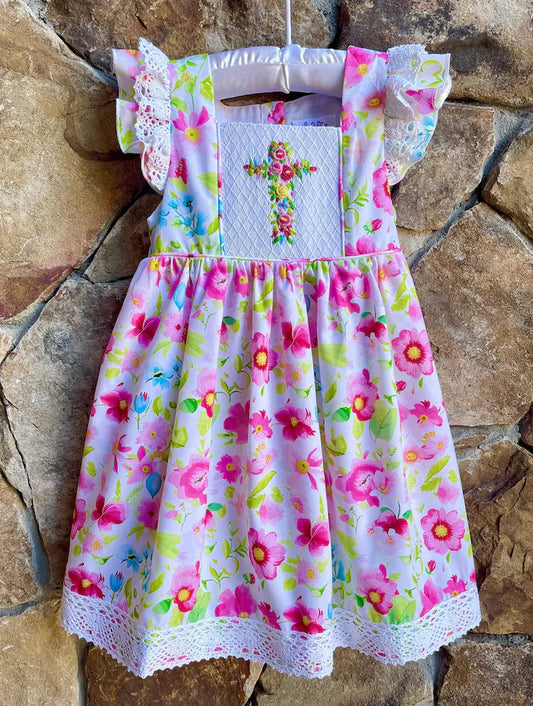 Baby Girls Floral Crosses Easter Ruffle Knee Length Dresses Preorder 11.29
