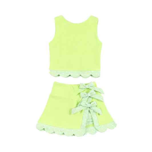 Baby Girls Light Green Sleeveless Vest Top Bows Skirt Shorts Yoga Clothes Sets Preorder 11.29