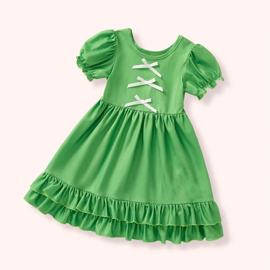 Baby Girls Green Short Sleeve Bows Ruffle Knee Length Dresses Preorder 11.28
