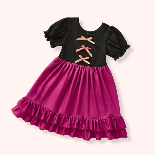 Baby Girls Black Pink Short Sleeve Bows Ruffle Knee Length Dresses Preorder 11.28