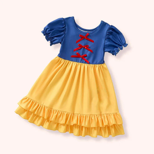 Baby Girls Blue Yellow Short Sleeve Bows Ruffle Knee Length Dresses Preorder 11.28