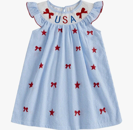 Baby Girls Blue Stripe Bows Stars USA 4th of July Knee Length Dresses Preorder 11.28