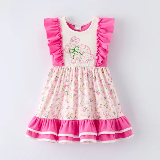 Baby Girls Flowers Bows Rabbit Easter Ruffle Knee Length Dresses Preorder 11.28