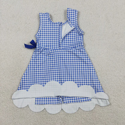 Sibling Baby Girls Blue Orange Checked Yoga Active Shorts Scallop Knee Length Dresses