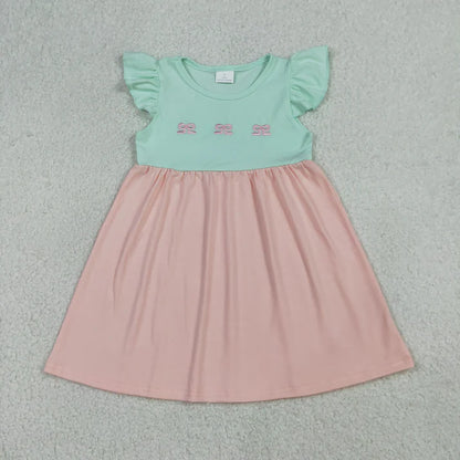 Sibling Baby Girls Clothes Flutter Sleeves Embroidery Bows Knee Length Dress Ruffle Rompers
