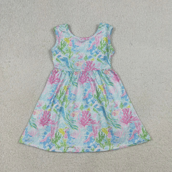 Sibling Baby Girls Sleeveless Colorful Sea Plants Knee Length Dress Rompers