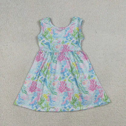 Sibling Baby Girls Sleeveless Colorful Sea Plants Knee Length Dress Rompers