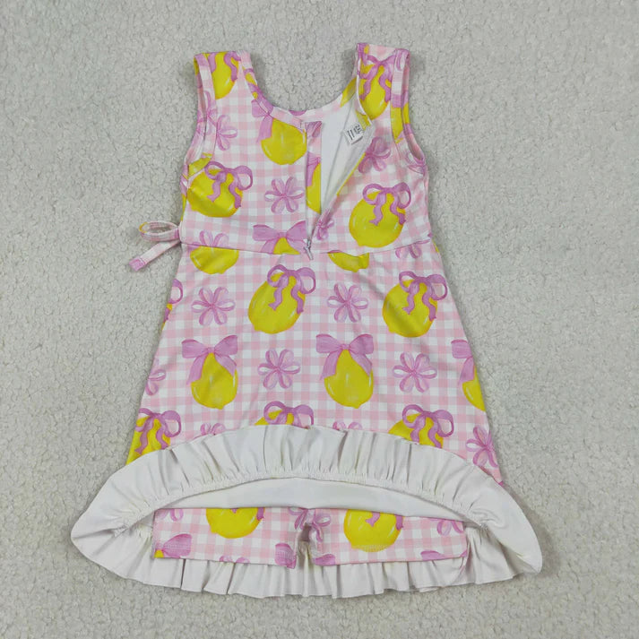 Sibling Baby Girls Pink Blue Checked Bows Lemons Yoga Active Shorts Knee Length Dress