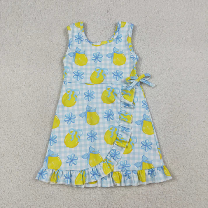 Sibling Baby Girls Pink Blue Checked Bows Lemons Yoga Active Shorts Knee Length Dress