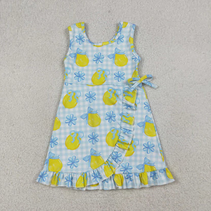 Sibling Baby Girls Pink Blue Checked Bows Lemons Yoga Active Shorts Knee Length Dress
