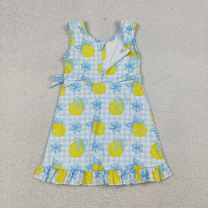 Sibling Baby Girls Pink Blue Checked Bows Lemons Yoga Active Shorts Knee Length Dress
