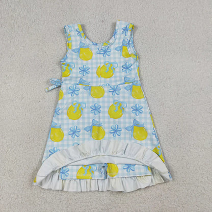Sibling Baby Girls Pink Blue Checked Bows Lemons Yoga Active Shorts Knee Length Dress
