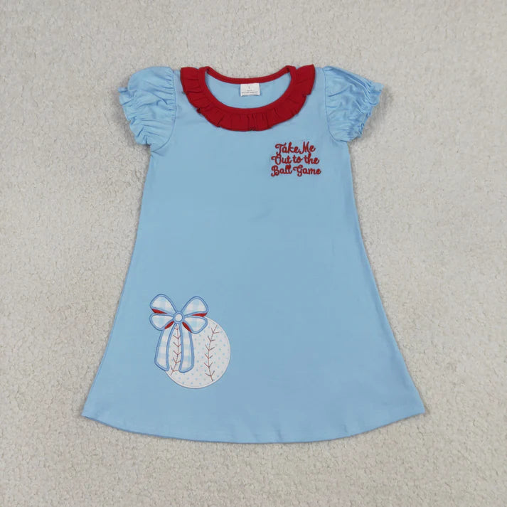 Sibling Baby Girls Embroidery Baseballs Ruffle Short Team Clothes Set Knee Length Dresses