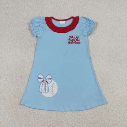 Sibling Baby Girls Embroidery Baseballs Ruffle Short Team Clothes Set Knee Length Dresses