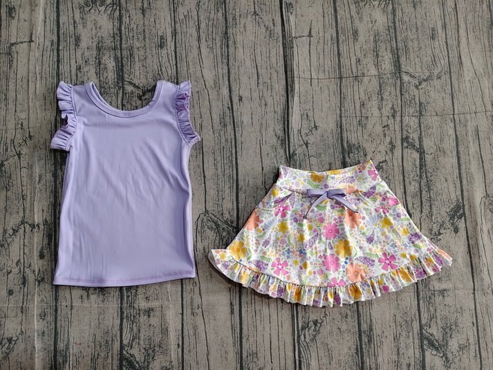 Baby Girls Purple Vest Colorful Floral Pockets Scallop Skirt Short Yoga Active Clothes Set Preorder GSD3771
