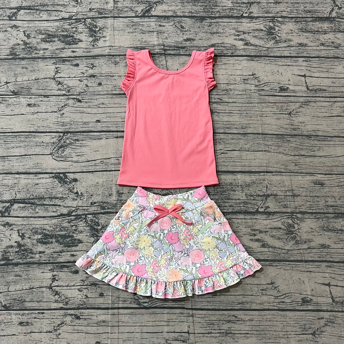 Baby Girls Clothes Peach Vest Colorful Floral Pockets Skirt Short Yoga Active Clothes Set Preorder GSD3772