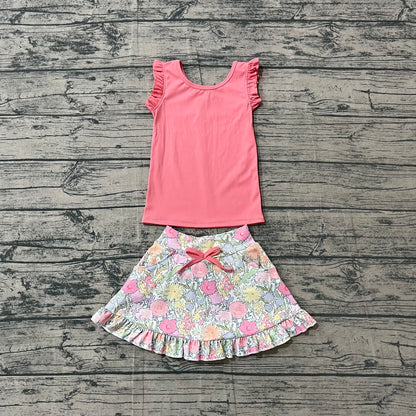 Baby Girls Clothes Peach Vest Colorful Floral Pockets Skirt Short Yoga Active Clothes Set Preorder GSD3772