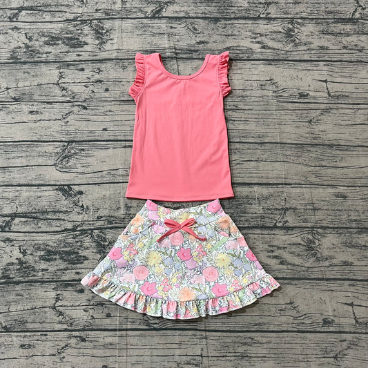 Baby Girls Clothes Peach Vest Colorful Floral Pockets Skirt Short Yoga Active Clothes Set Preorder GSD3772