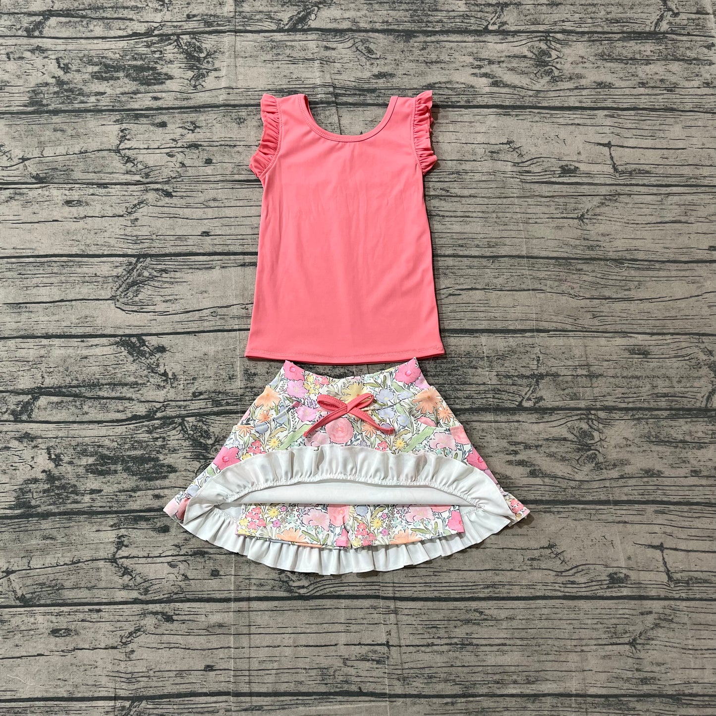 Baby Girls Clothes Peach Vest Colorful Floral Pockets Skirt Short Yoga Active Clothes Set Preorder GSD3772