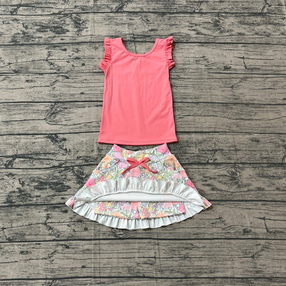 Baby Girls Clothes Peach Vest Colorful Floral Pockets Skirt Short Yoga Active Clothes Set Preorder GSD3772