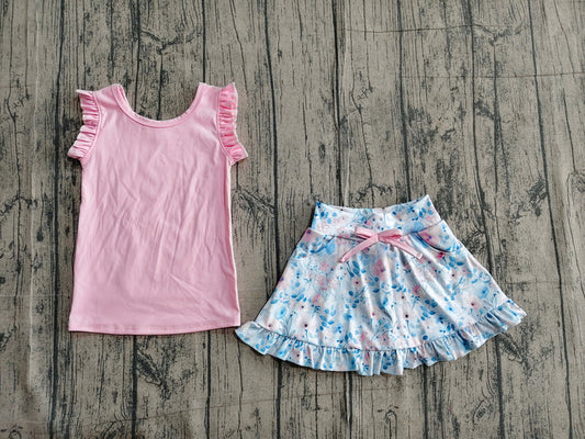 Baby Girls Pink Vest Colorful Floral Pockets Scallop Skirt Short Yoga Active Clothes Set Preorder GSD3773