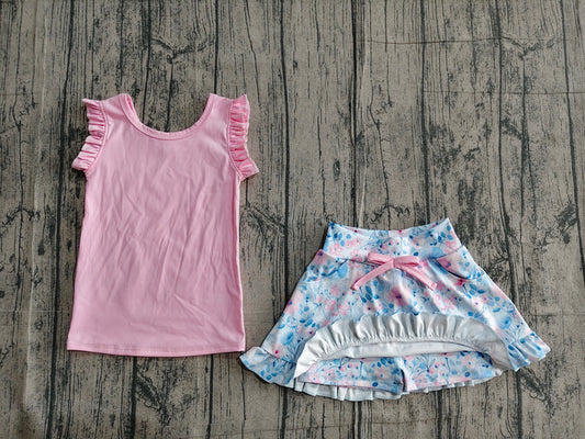 Baby Girls Pink Vest Colorful Floral Pockets Scallop Skirt Short Yoga Active Clothes Set Preorder GSD3773