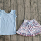 Baby Girls Blue Vest Colorful Floral Pockets Scallop Skirt Short Yoga Active Clothes Set Preorder GSD3775
