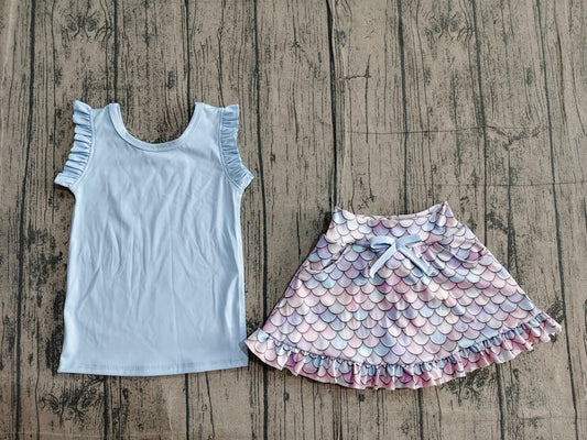 Baby Girls Blue Vest Colorful Floral Pockets Scallop Skirt Short Yoga Active Clothes Set Preorder GSD3775