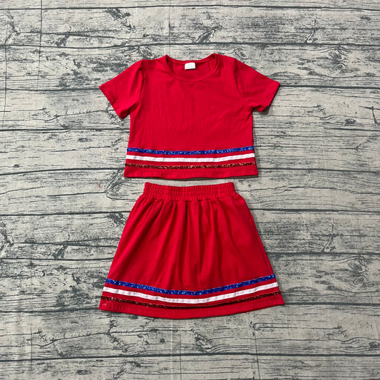 Baby Girls Clothes Red Short Sleeve Stripe Top Skirt Shorts Clothes Sets Preorder GSD3812