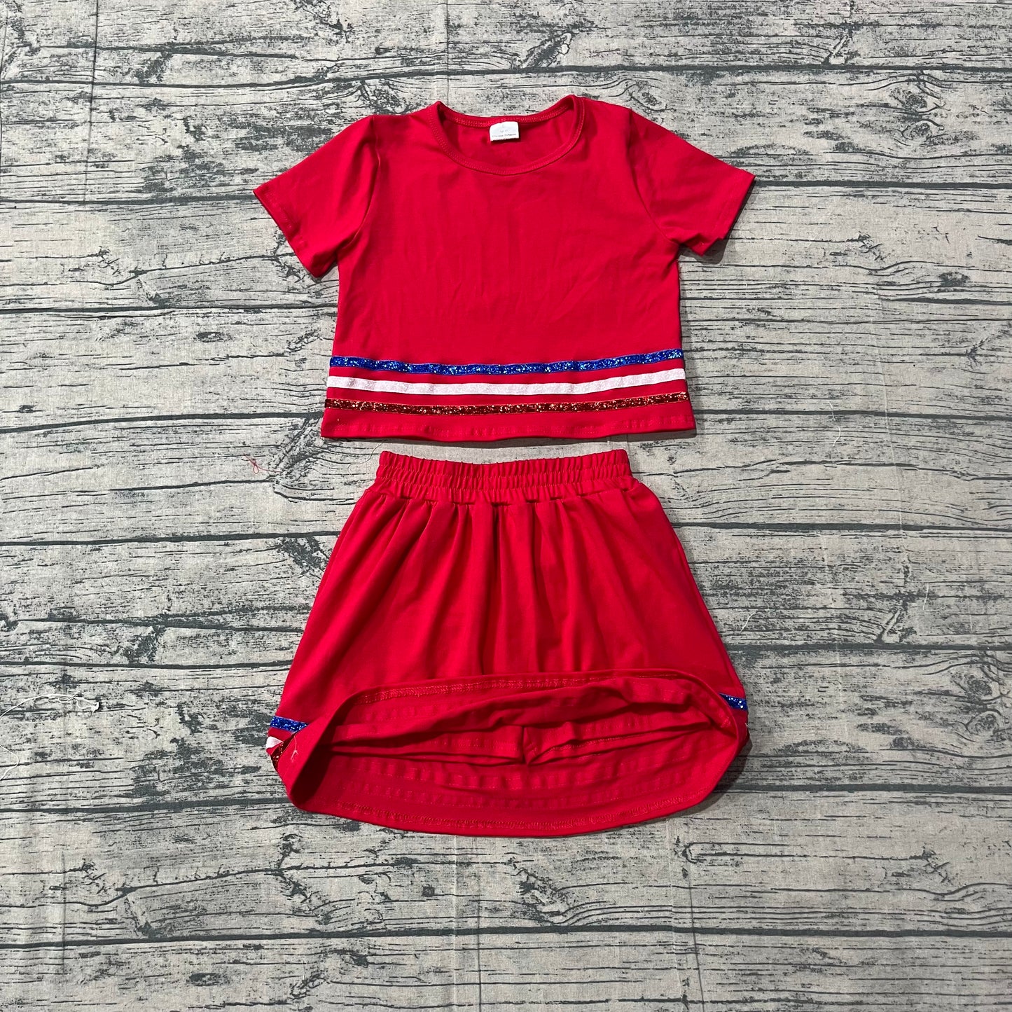 Baby Girls Clothes Red Short Sleeve Stripe Top Skirt Shorts Clothes Sets Preorder GSD3812