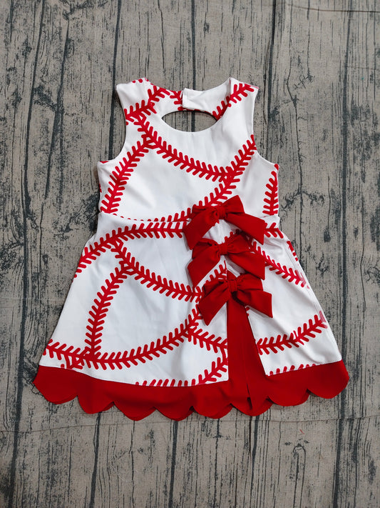 Baby Girls Dress Baseball Bows Team Yoga Active Scallop Short Knee Length Dress Preorder GSD3833