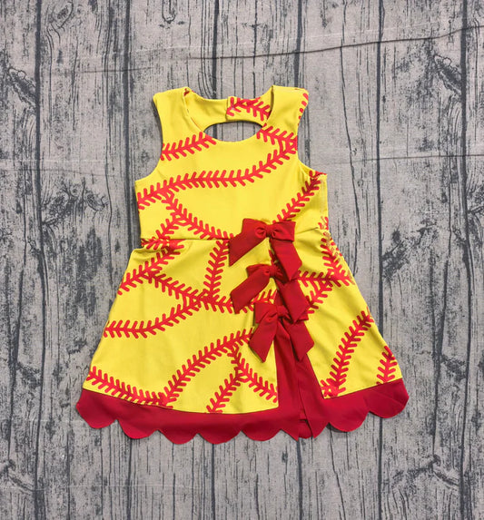Baby Girls Softball Bows Team Yoga Active Scallop Short Knee Length Dress Preorder GSD3834