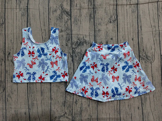 Baby Girls Red Blue Bows Vests Skirt Short Yoga Active 4th of July Clothes Set Preorder GSD3874