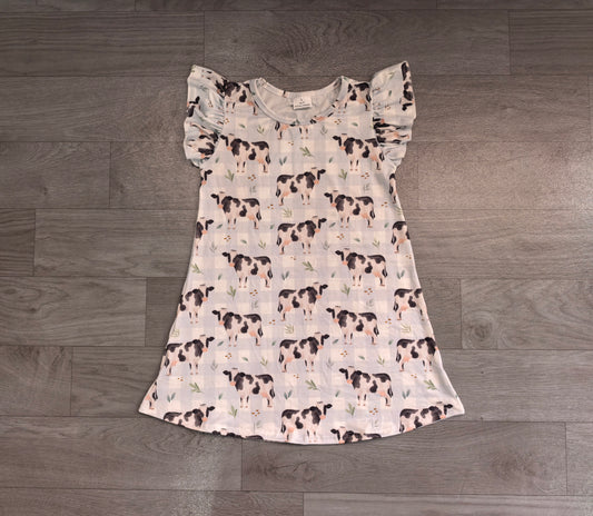 Baby Girls Dress Flutter Sleeve Blue Checked Cows Farm Knee Length Dresses Preorder GSD3895