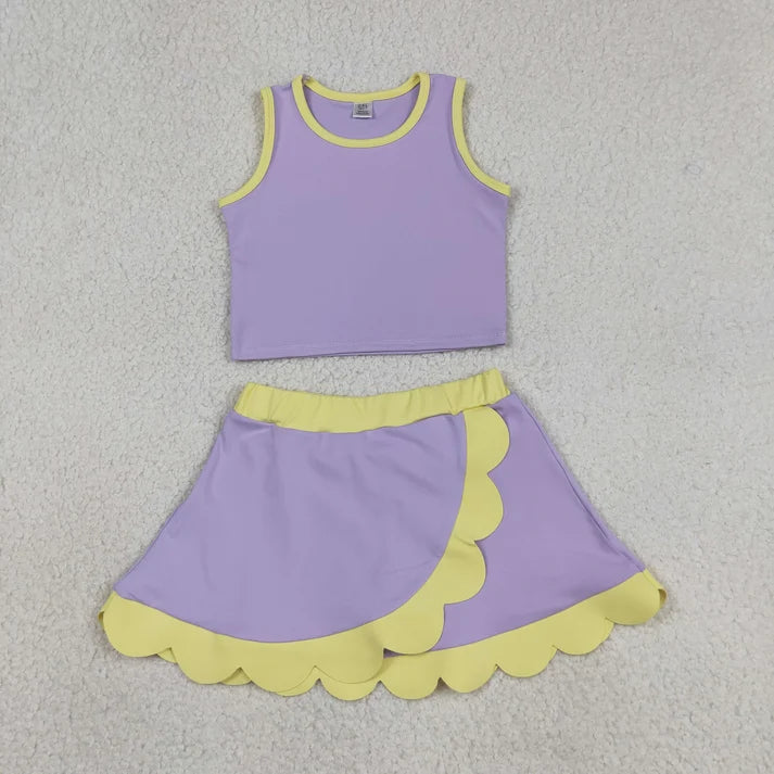 Sibling Baby Girls Colorful Vests Top Scallop Skirt Short Yoga Active Set Knee Length Dresess