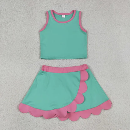 Sibling Baby Girls Colorful Vests Top Scallop Skirt Short Yoga Active Set Knee Length Dresess
