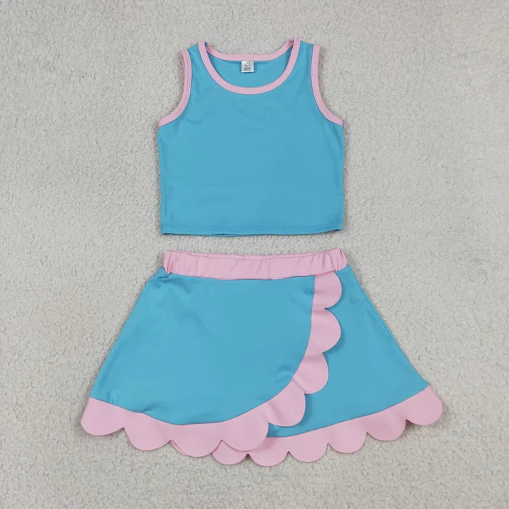 Sibling Baby Girls Colorful Vests Top Scallop Skirt Short Yoga Active Set Knee Length Dresess