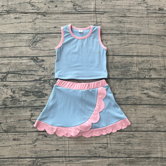 Baby Girls Clothes Sleeveless Blue Vest Scallop Skirt Short Yoga Active Clothes Set Preorder GSD4014