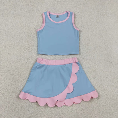 Sibling Baby Girls Colorful Vests Top Scallop Skirt Short Yoga Active Set Knee Length Dresess
