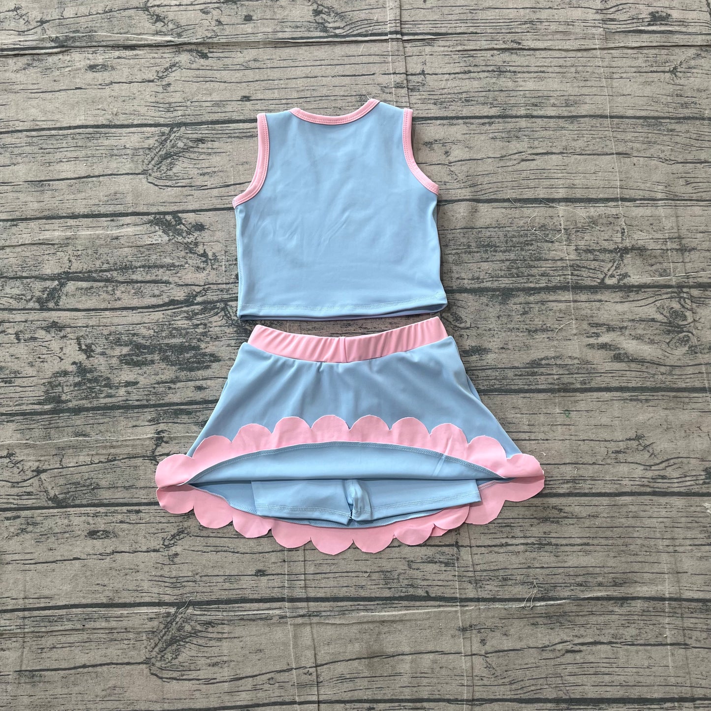 Baby Girls Clothes Sleeveless Blue Vest Scallop Skirt Short Yoga Active Clothes Set Preorder GSD4014