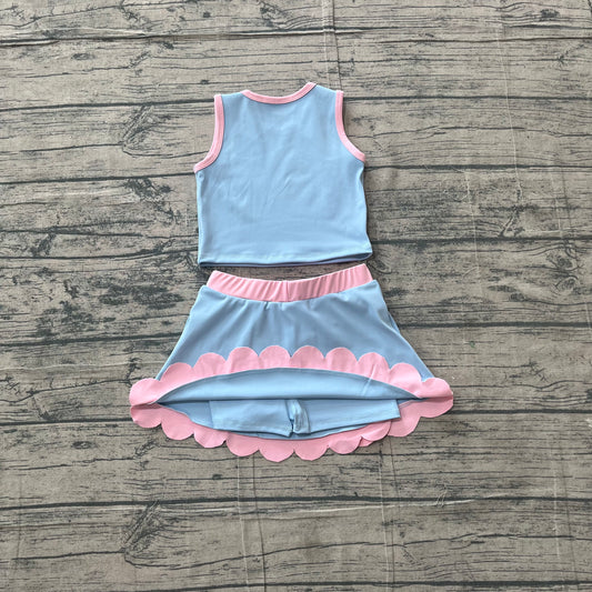 Baby Girls Clothes Sleeveless Blue Vest Scallop Skirt Short Yoga Active Clothes Set Preorder GSD4014